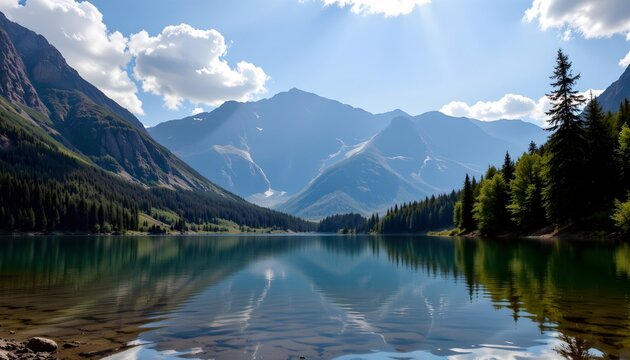 a serene landscape of a pristine mountain lake surrounded by nature