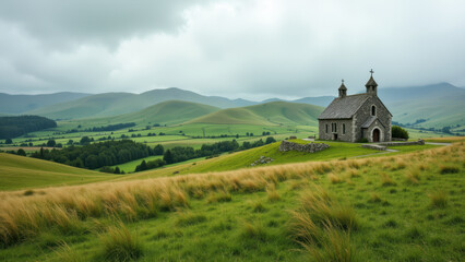 Fototapeta premium A serene landscape with a Christian church on top of a hill, surrounded by lush green fields under a cloudy sky.