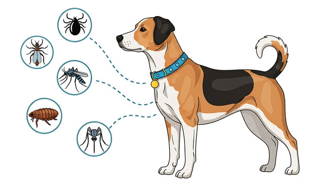 Dog with insects labeled around its body in an educational illustration  
preparing animals for the summer season protecting dogs from parasites