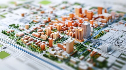 Aerial view of a miniature city model with buildings and street grid layout