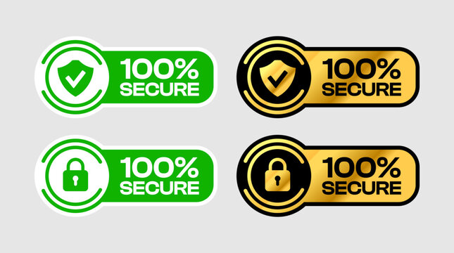 100 percent secure badge with lock key, Shield and checkmark icon. For logo, circle label, seal, symbol, botton, tag, sign, badge, stamp, sticker, emblem, banner. Vector Illustration