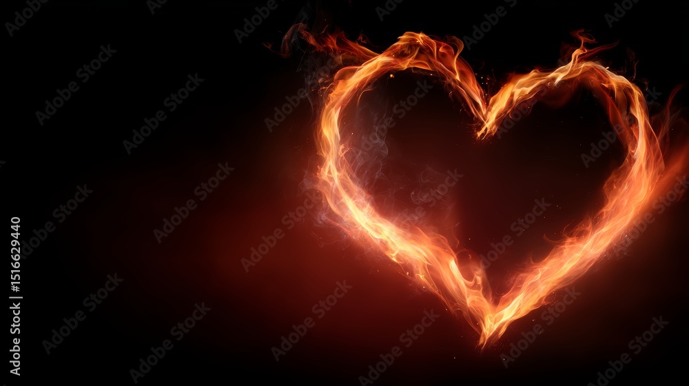 Poster fiery heart shape with glowing orange and red flames on a dark background, passionate and dramatic v