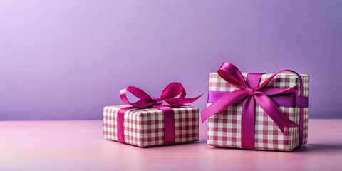 Obraz premium Two Presents Wrapped in Pink and Purple Gingham Pattern with Elegant Ribbons Sitting on a Pink Surface Against a Lavender Background