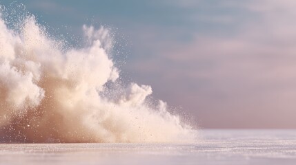 Naklejka premium Dynamic closeup of flying sand particles captured midair with soft blurred background and clear copy space, showcasing textures and motion for impactful visual storytelling