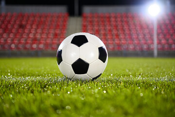 Fototapeta premium Soccer ball on green grass field at stadium for sports and recreation game