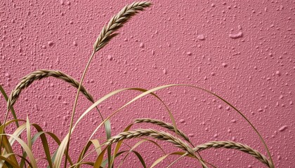 a tranquil scene featuring a plant with tall stalks and golden seeds. the plant stands in front of a pink wall, adding a touch of vibrancy to the scene