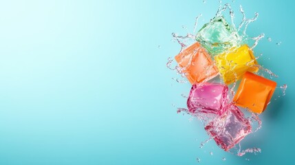 A splash of colorful ice cubes against a bright blue background creates a refreshing and vibrant scene, perfect for conveying a sense of coolness and summer vibes.