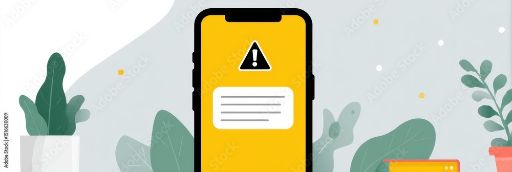 Poster notification alert blocking view on mobile device surrounded by indoor plants and decorative items