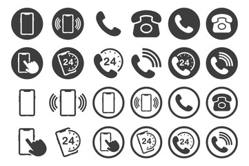 Phone contact connection icon symbol set. Smartphone, Old phone logo sign shape collection. 24 7 hour service. Vector illustration image. Isolated on white background.