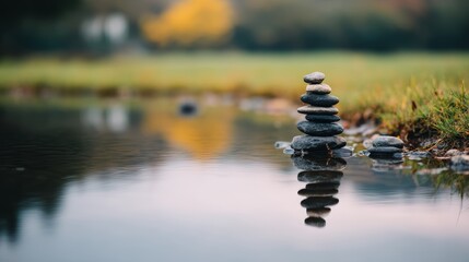 Obraz premium Serene landscape with black pebbles stacked in a balancing tower reflected on calm water, lush green grass in the background evoking peace and tranquility with copy space