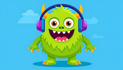 monster with headphones and a shocked expression, wide eyes, and mouth open in surprise. Perfect for fun, music-related themes, gaming, or expressive illustrations
