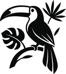 Toucan Silhouette on Tropical Branch with Leaves