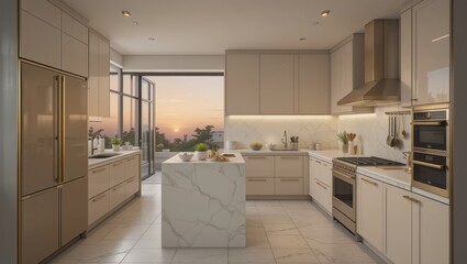 Fototapeta premium Modern Kitchen Interior with Marble Accents and Sunset View in a Contemporary Home Design