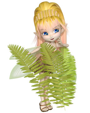 Cute Toon Fern Fairy with Blonde and Pink Hair, 3d digitally rendered fantasy illustration