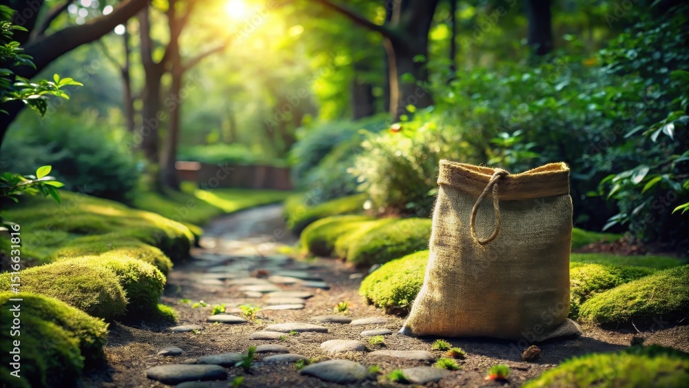 Poster a burlap sack rests on a sun-dappled moss-covered stone path, nestled within a tranquil garden setti