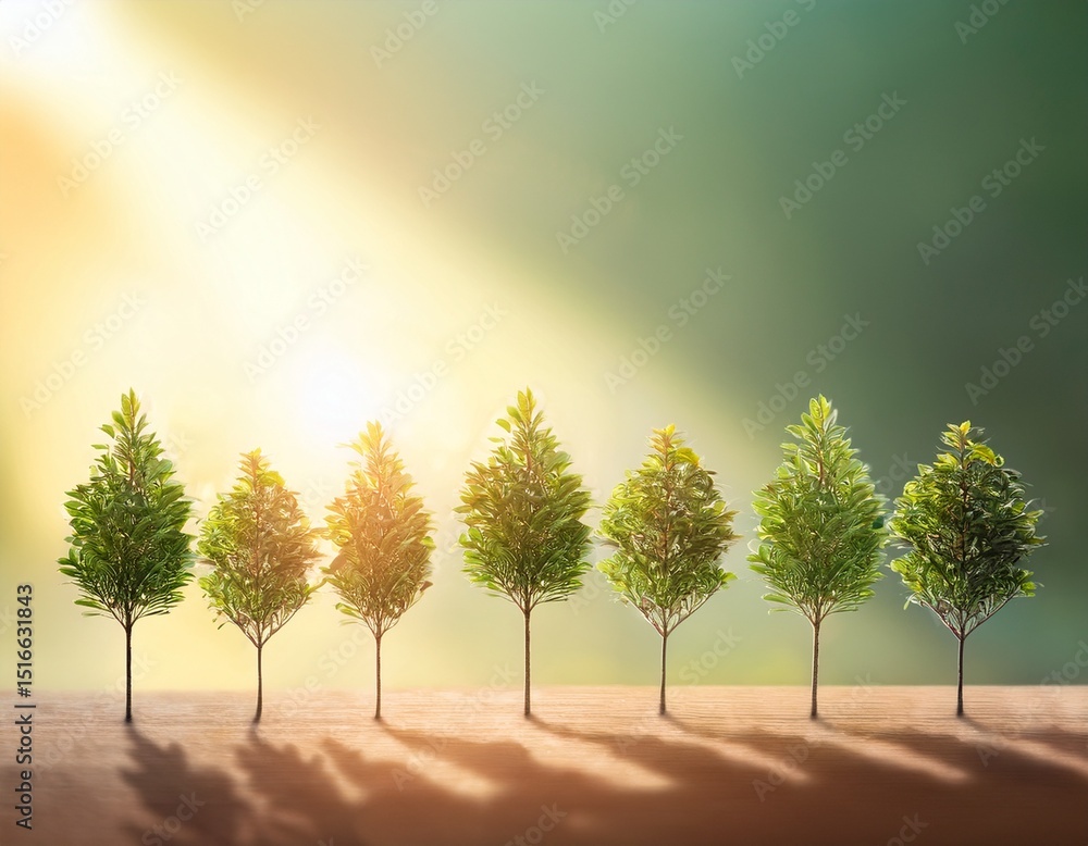 Poster row of young trees with sunlight filtering through minimalistic pastel background