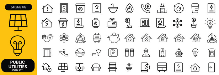 Public utilities web icons line set. Public Utilities Water, Fuel, Electricity, gas, garage, Solar House, Rent receipt, Maintainence, and More vector illustration