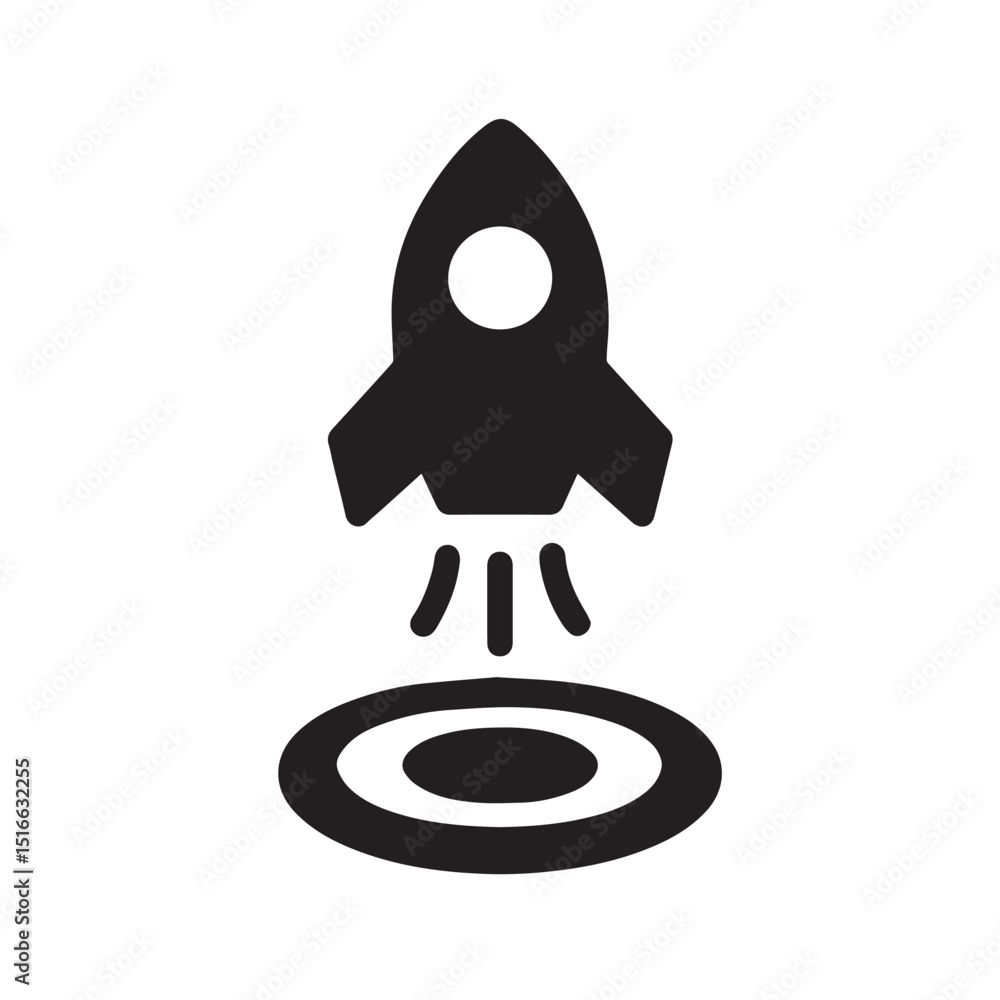 Poster rocket launch icon: a simple yet powerful icon depicting a rocket blasting off from a launchpad, sym