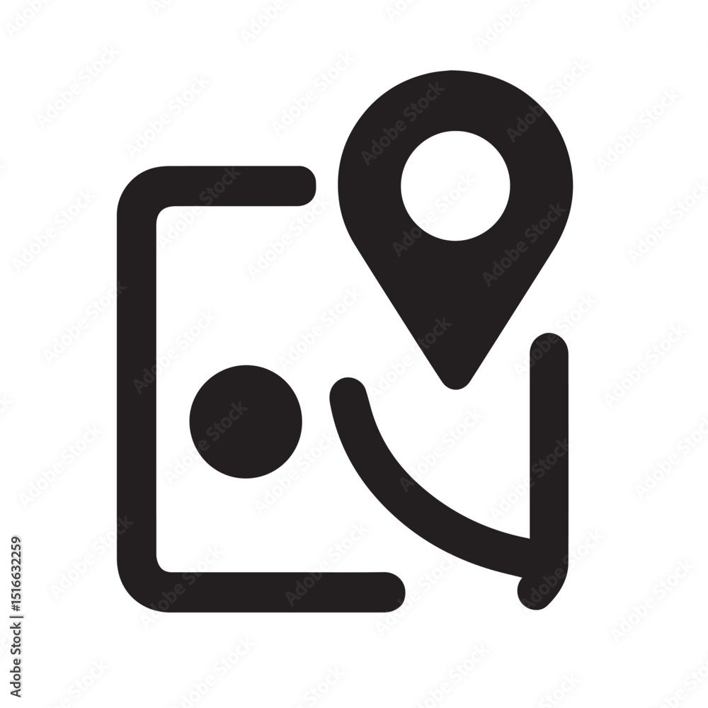 Poster location and navigation icon: a minimalistic, black and white illustration of a map with a prominent