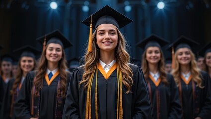 Obraz premium Graduation Ceremony with Diverse Students in Caps and Gowns Smiling Joyfully Under Stage Lights