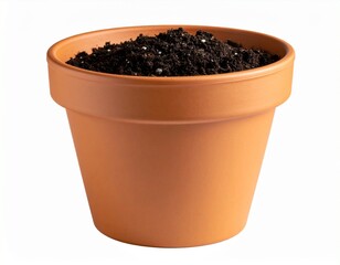 Terracotta pot with soil mixture isolated on white background