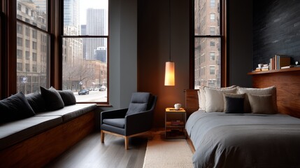 Obraz premium Cozy modern hotel bedroom with warm ambient lighting, plush bedding, wooden accents, and large windows offering city views creating an inviting restful space