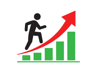 Growing Business Success: Man Climbing Upward Bar Graph with Red Arrow

