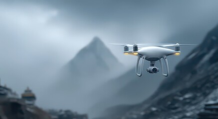 Drone Flying Over Mountainous Landscape with Mist