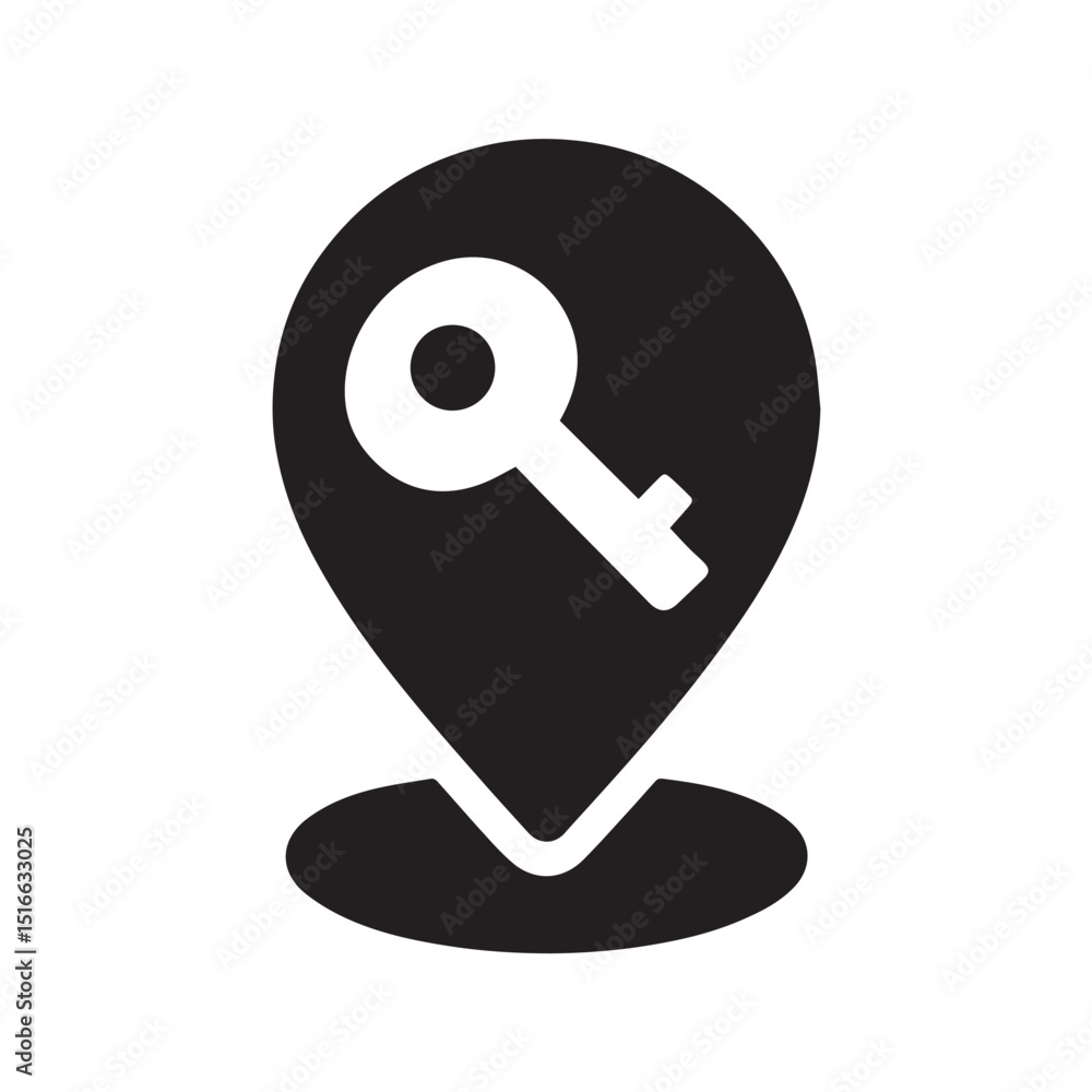 Poster key location: a minimalist vector graphic showcasing a key icon nestled within a location marker, se