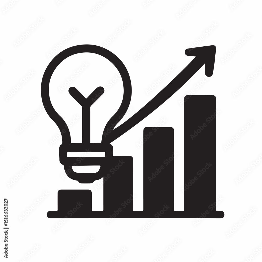 Poster rising innovation: a black vector icon showing a bright lightbulb and an ascending graph symbolize g