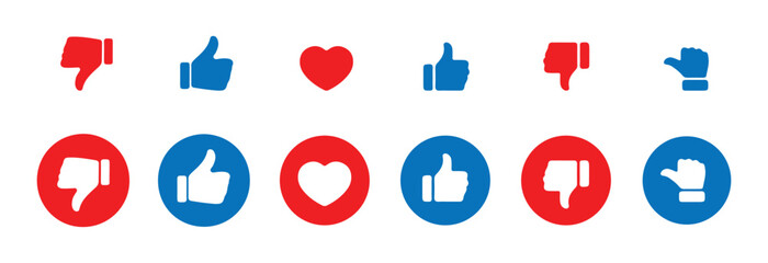 Red and Blue Like Dislike Icon Set – Thumbs Up and Down Symbols for Social Media Feedback. Victor illustration eps 10