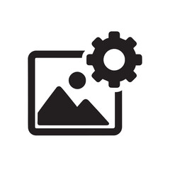 Obraz premium Image Settings Icon: A simple yet effective icon depicting image settings, featuring a picture frame with a mountain landscape and a gear symbol, ideal for websites, applications, and presentations.