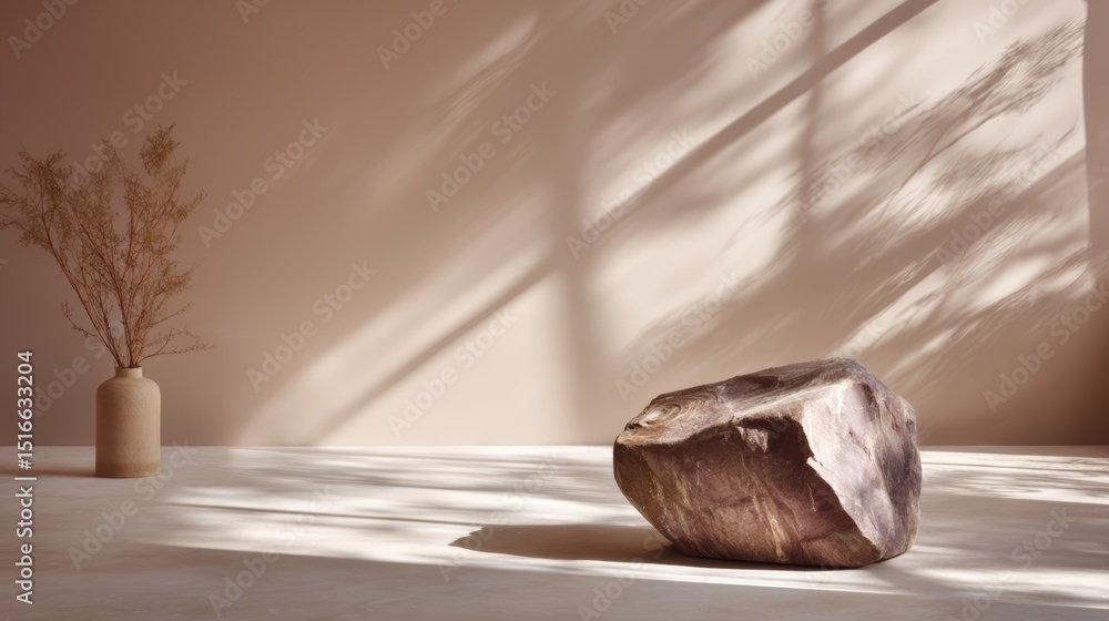 Poster closeup of a smooth round stone with surface patterns and earthy tones on neutral background with so