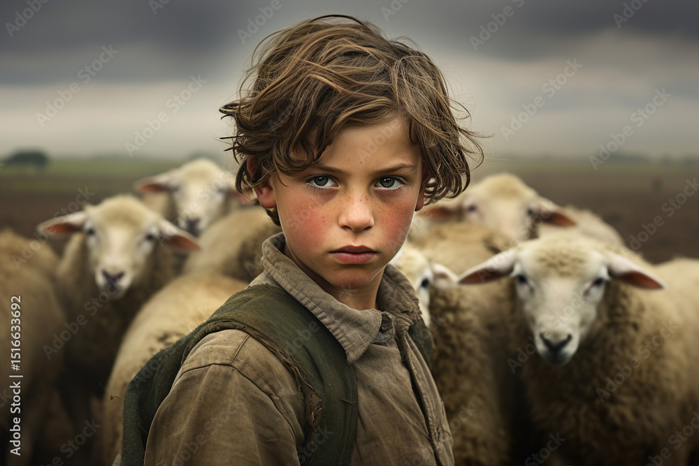 Poster generated with ai technology picture of man on a field graze cattle