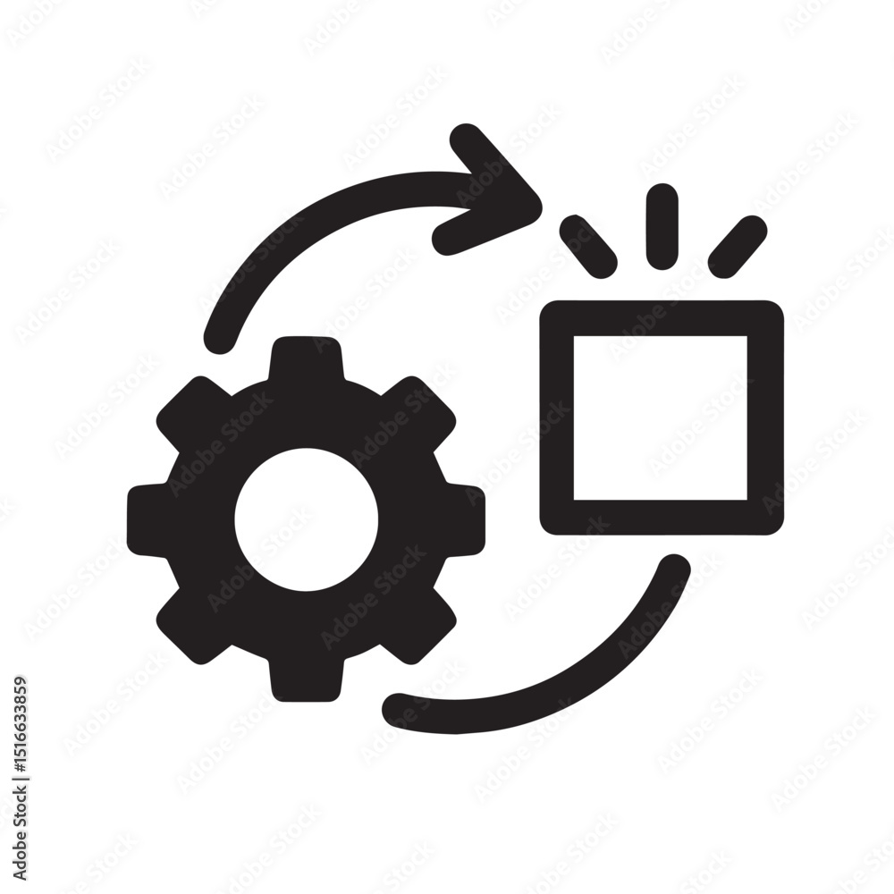 Poster process optimization icon: a gear and a square linked by a circular arrow, symbolizing continuous im