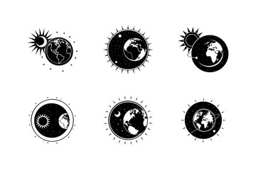 earth with sun and moon orbiting silhouette vector art