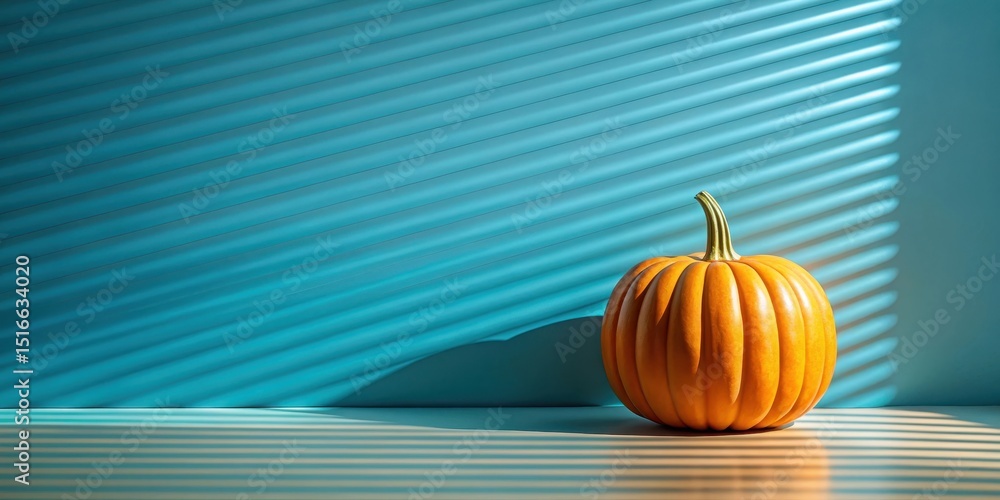 Poster A vibrant orange pumpkin rests on a surface bathed in sunlight, casting gentle shadows against a teal backdrop with diagonal lines creating a visually appealing autumnal scene.
