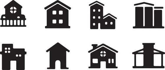 Set of silhouette icons related to apartment, flat, home, architecture, property, building, residential, silhouette vector icon set on white background.
