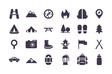 Camping and hiking icon set. flat adventure and outdoor travel symbols including tent, compass, backpack, campfire, map pin, and more. vector illustration