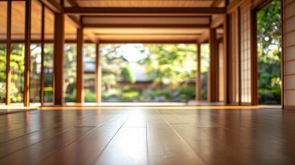 Serene Wooden Floor in Japanese Garden View.