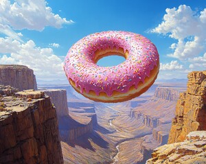 A surreal giant donut floating over a canyon, perfect for whimsical designs, fantasy themes, or events like children's parties and creative promotions.