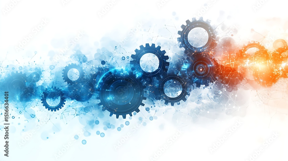 Poster abstract image of interconnected gears with a blue and orange gradient
