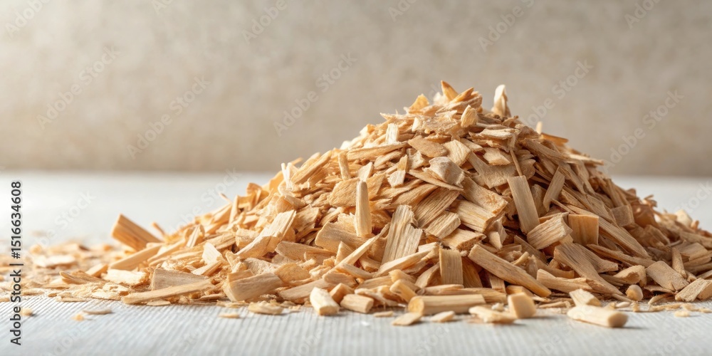 Poster a close-up view of a pile of light brown wood shavings on a smooth surface