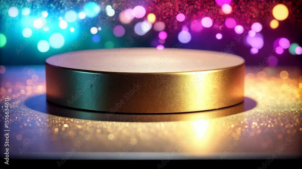 Poster abstract shimmering display stage with round golden platform and bokeh effects for product presentat