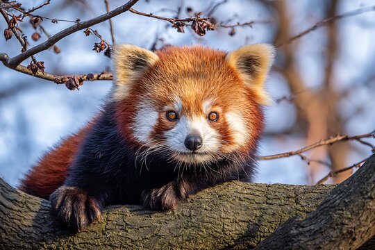 Adorable red panda resting on tree