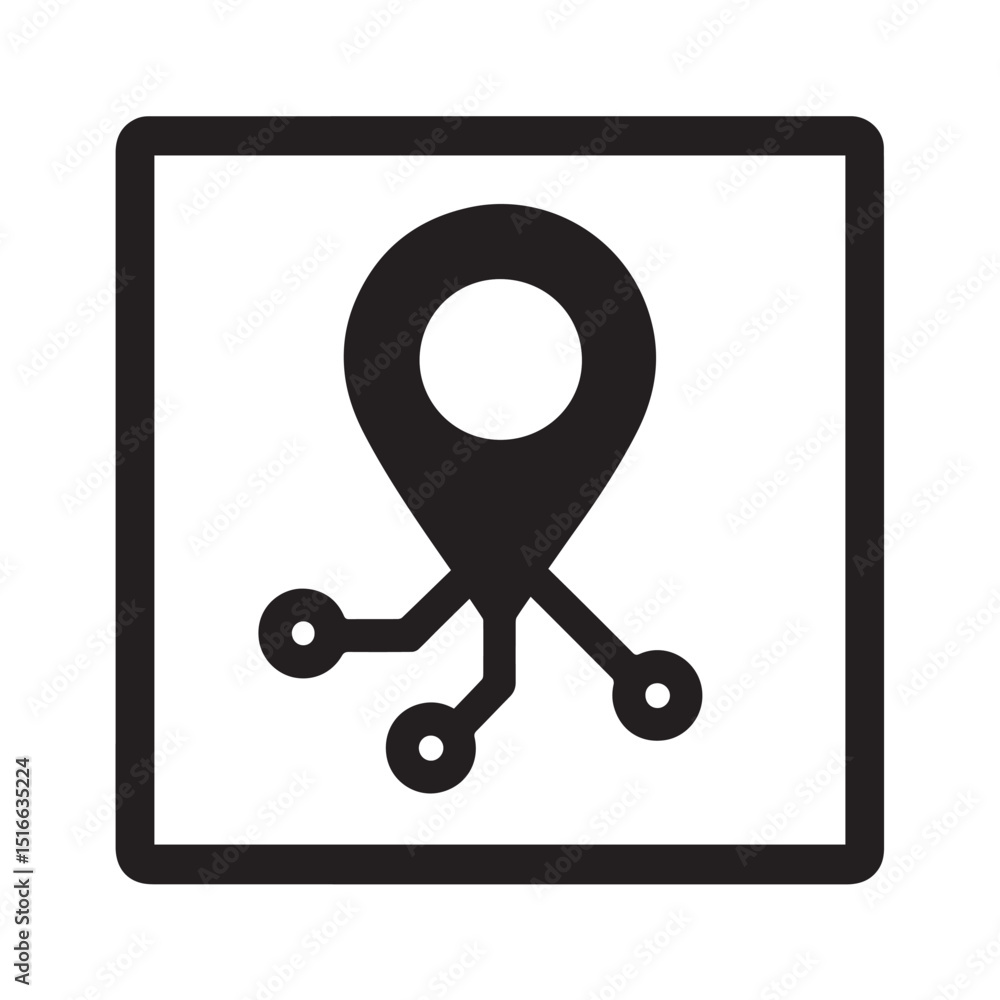 Poster digital navigation icon: a clean, geometric graphic depicting a digital map marker, overlaid with in