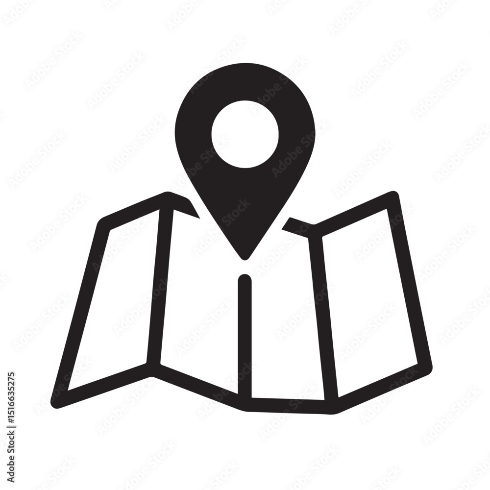 Aufkleber location marker on map: an overhead view of a folded map featuring a pinpoint marker, illustrating d