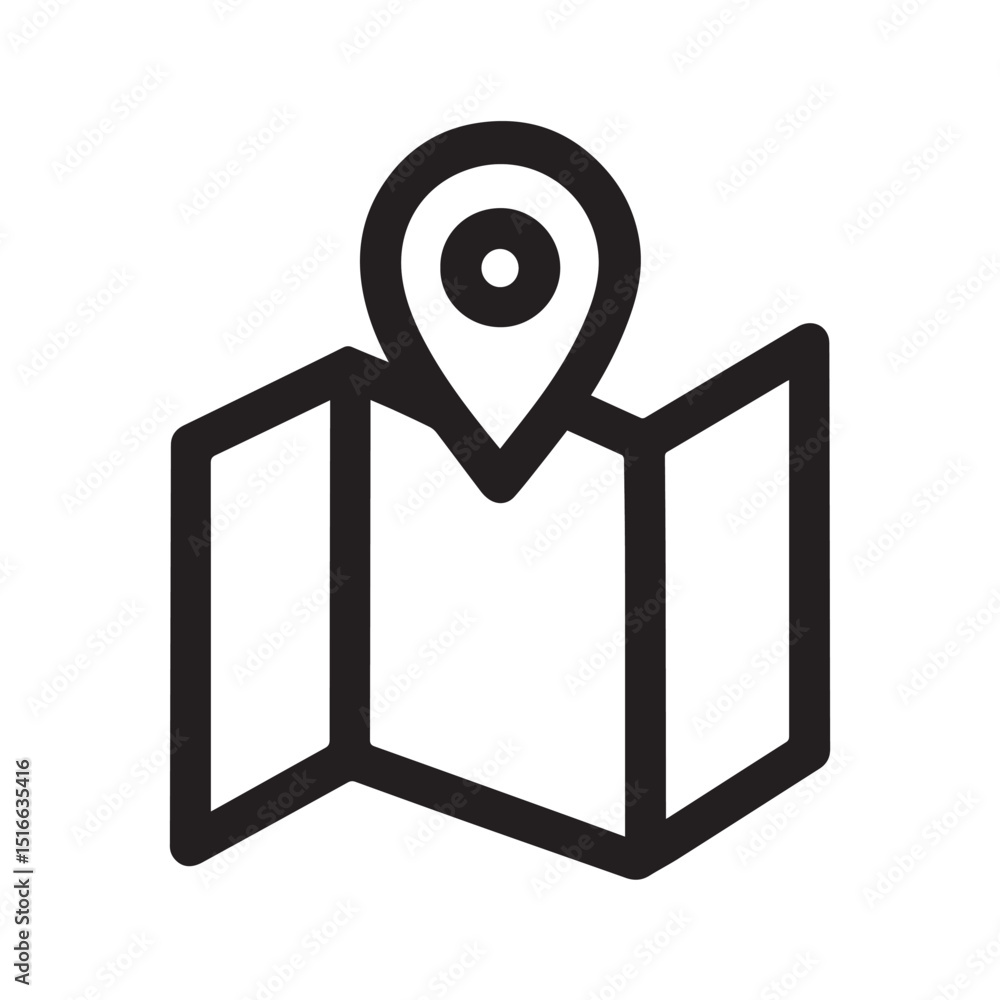 Poster map icon: an abstract representation of a map, showcasing a prominent location pin, suitable for tra