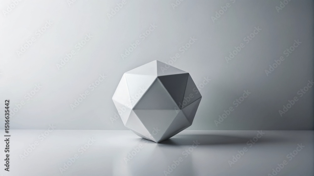 Poster a single white geometric shape rests on a smooth surface against a plain background