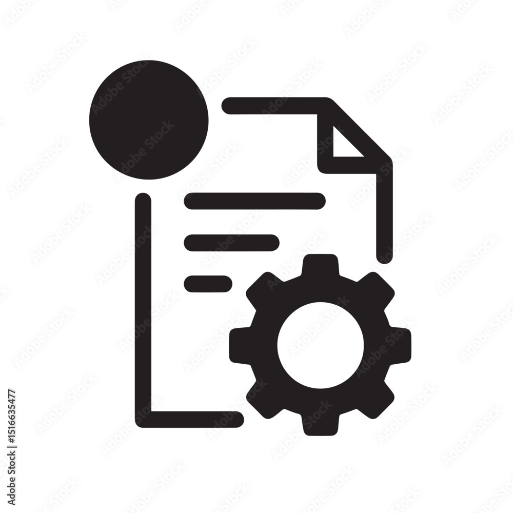 Poster icon of the document and cogwheel: a minimalistic, flat design illustration, combining a document sy